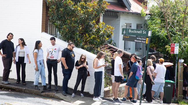 A long line of people waiting to inspect rental accommodation. Picture: Chris Pavlich/The Australian