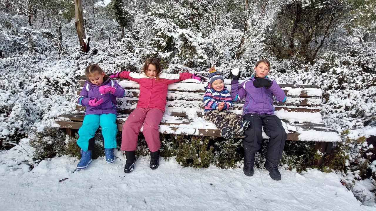 Siblings Kassidy, Michaela, Kobe and Kasey Paterson enjoying the snow at Cradle Mountain. Photo: Josho Paterson