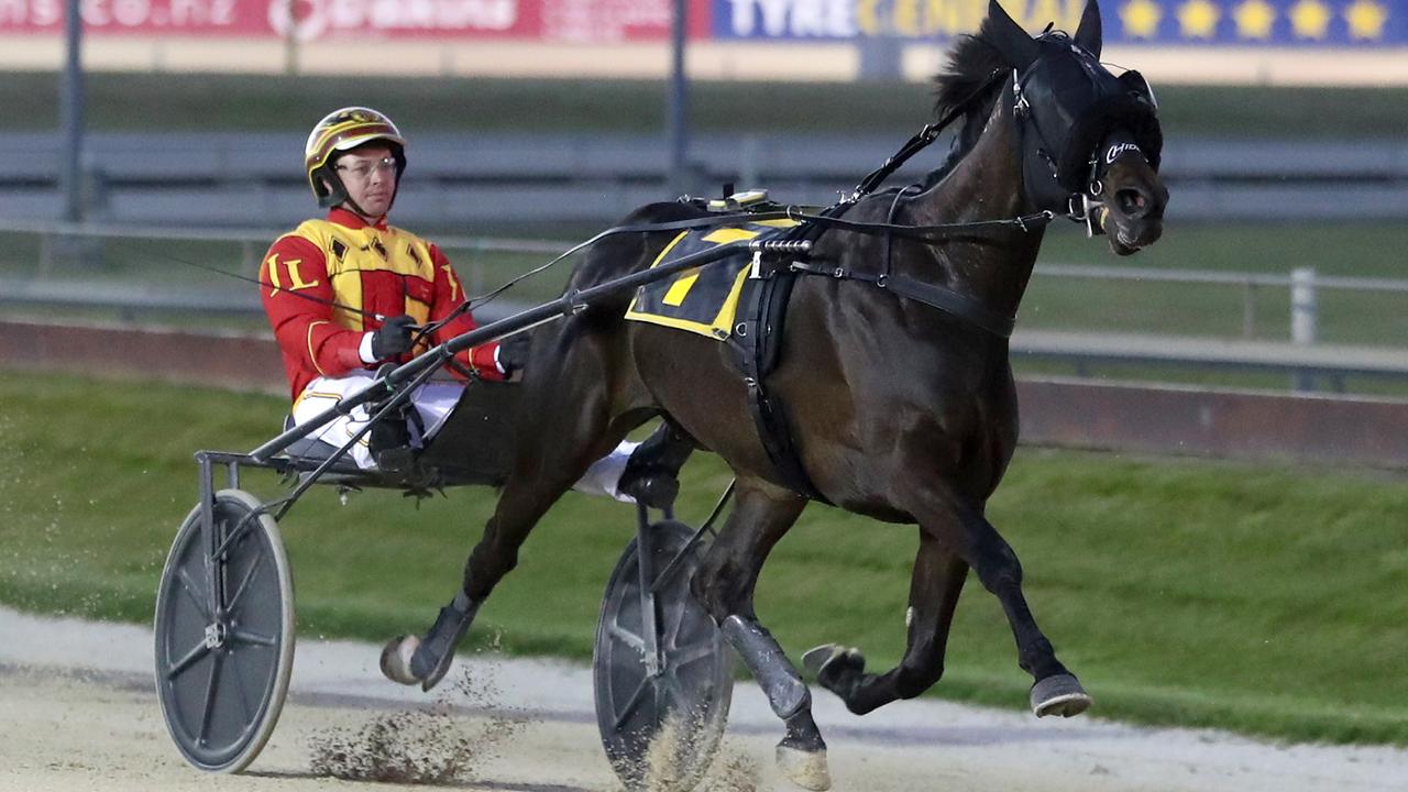 Keayang Zahara cruises to victory in Friday night's NZ Trotting Oaks. Picture: HRNZ