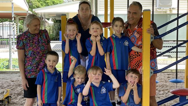 Widgee State School Preps 2024. (Back from left): Jack, Matilda, Jackson, Eve (front from left) Will, Archer, Harry. Teachers: Jo Carter, Kate Anderson (principal), Rob Andrews. Gympie My First Year 2024. Silly faces photo.