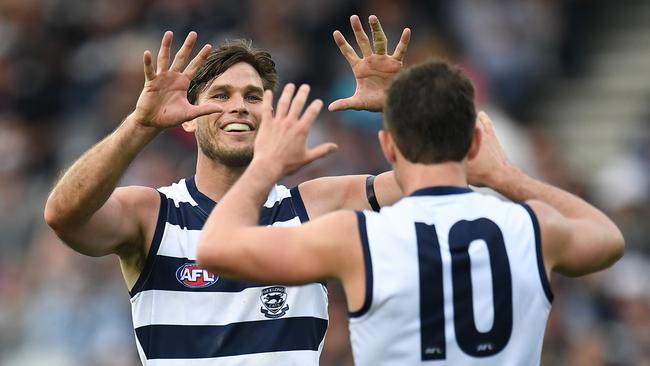 Tom Hawkins (left) and Daniel Menzel of the Cats react after Menzel kicked a goal.