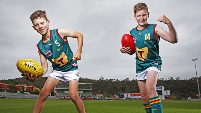 Could Archie, 11, and Oliver, 12, be big stars for a Tasmanian AFL club? Picture: Zak Simmonds