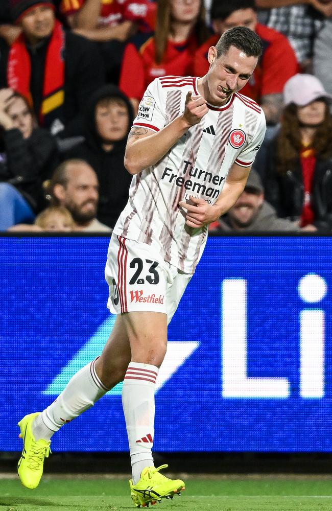 Bozhidar Kraev celebrates after scoring Western Sydney Wanderers’ third goal at Coopers Stadium. Picture: Getty Images