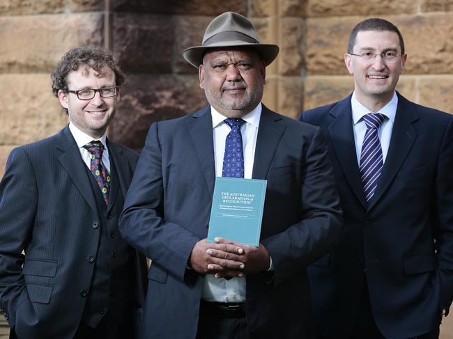 Noel Pearson launching Damien Freeman and Julian LeeserÕs An Australian Declaration of Recognition at the State Library of NSW. (LR) Damien Freeman, Noel Pearson and Julian Leeser pictured out the front of the state Library.Photographer: Adam Yip