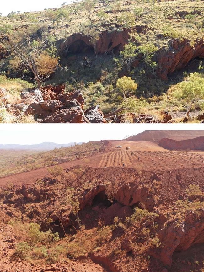 (Top) Juukan Gorge in Western Australia -- one of the earliest known sites occupied by Aboriginals in Australia – as it was in 2013, and (below) how it appeared on May 15, 2020. Picture: Peter Parks/ PKKP Aboriginal Corporation