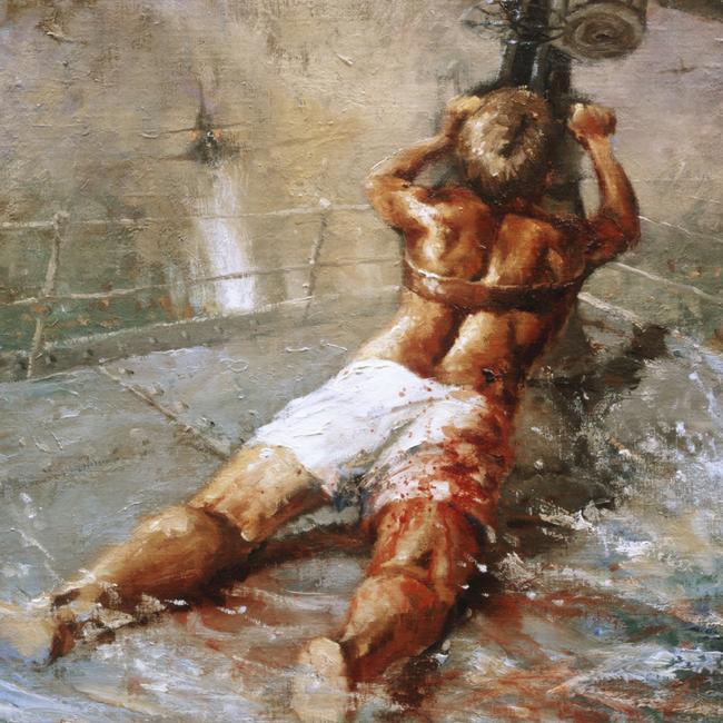 Dale Marsh's painting of Teddy Sheean, who lashed himself to his gun and fired until the HMAS Armadale sank. He gave others time to get away. Picture: Australian War Memorial.