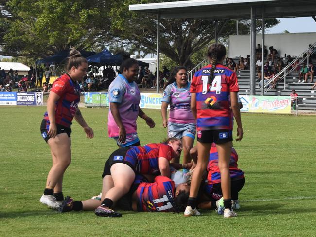Kulpiyam score a try in the open women's grand final between Kulpiyam and Coastal Neurs at the Mackay Indigenous Rugby League Carnival. Picture: Mitch Bourke.