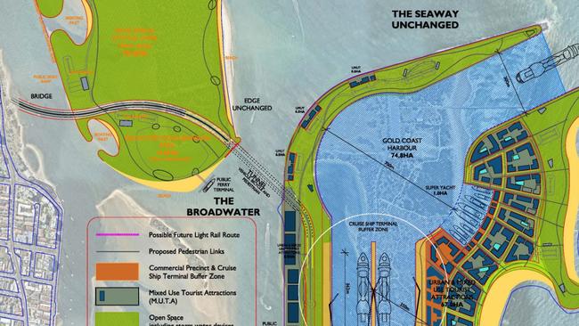 Breakwater Group cruise ship terminal and superyachts berths and land development plan for The Spit, linking to Wavebreak Island via underwater tunnel.