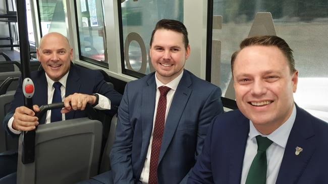 Brisbane Airport Corporation's Martin Ryan, Dr Jake Whitehead and Lord Mayor Adrian Schrinner take a spin through the CBD on one of the airport's electric buses. Picture: Ellen-Maree Elliot