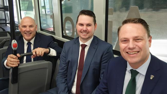 Brisbane Airport Corporation's Martin Ryan, Dr Jake Whitehead and Lord Mayor Adrian Schrinner take a spin through the CBD on one of the airport's electric buses. Picture: Ellen-Maree Elliot