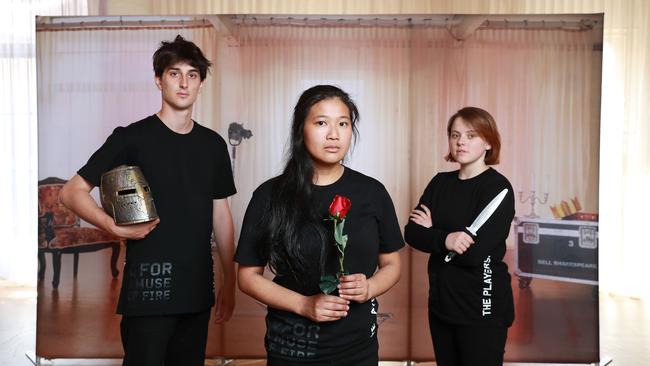 Bell Shakespeare Players Will Bartolo, left, Angela Tracey Tran and Nicola Bowman have resumed visits to schools in regional NSW. Picture: John Feder