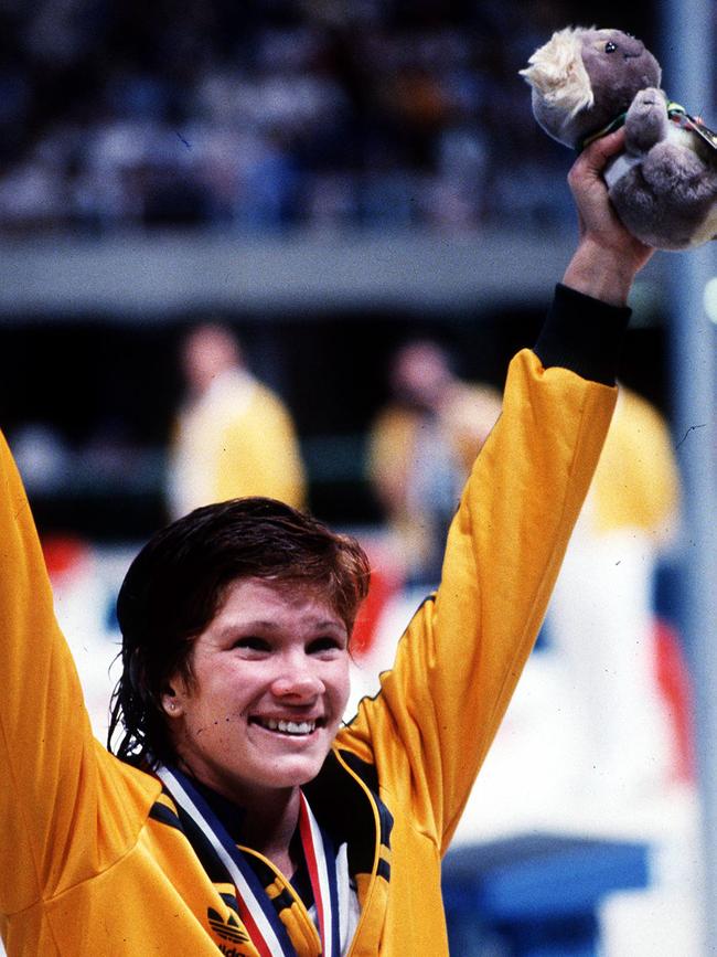 Swimmer Tracey Wickham celebrates at the 1982 Commonwealth Games in Brisbane.