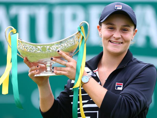 BIRMINGHAM, ENGLAND - JUNE 23: Ashleigh Barty of Australia celebrates victory in her final match against Julia Goerges of Germany on day seven of the Nature Valley Classic at Edgbaston Priory Club on June 23, 2019 in Birmingham, United Kingdom. (Photo by Jordan Mansfield/Getty Images for LTA)