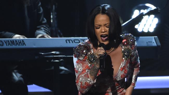 Rihanna performs “Say You Say Me” at the MusiCares Person of the Year tribute honoring Lionel Richie at the Los Angeles Convention Center on Saturday, Feb. 13, 2016. (Photo by Chris Pizzello/Invision/AP)