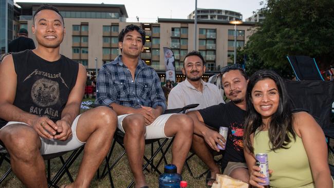 Ronit Maharjan, Yashwin Maharjan, Pratik Shrestha, Manish Shrestha and Pragyee Dixit as thousands of fans gather to watch the Matildas take on England in the World Cup Semifinal at Darwin Waterfront. Picture: Pema Tamang Pakhrin