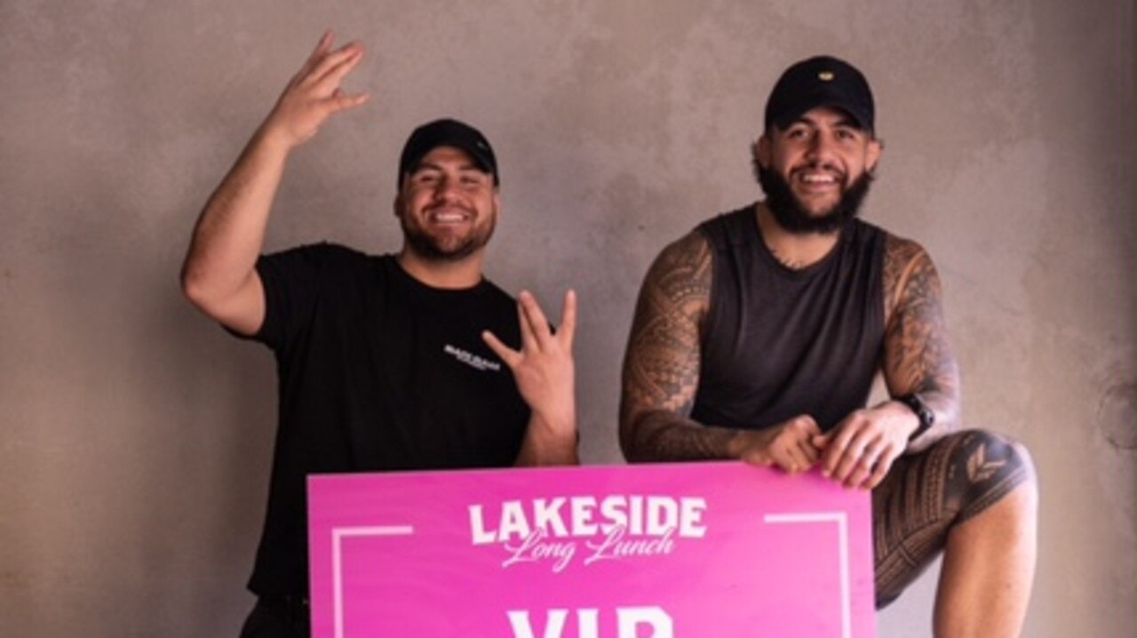 Tyson Pedro and Tai Tuivasa launch Drink West Lager at Lakeside Long Lunch. Supplied.