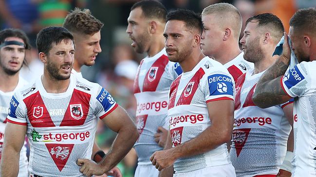 MUDGEE, AUSTRALIA - FEBRUARY 27: Ben Hunt and Corey Norman of the Dragons look dejected after conceding a try during the Charity Shield &amp; NRL Trial Match between the South Sydney Rabbitohs and the St George Illawarra Dragons at Glen Willow Regional Sports Stadium on February 27, 2021 in Mudgee, Australia. (Photo by Mark Metcalfe/Getty Images)