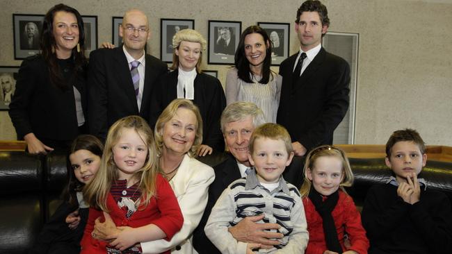 From left to right: Gabrielle Gleeson, Nicholas Gleeson, Jacqueline Gleeson, Rebecca Bana and Eric Bana. In front: Sophia Bana, Jasmine Taylor, Robyn Gleeson, former Chief Justice Murray Gleeson, Xavier Taylor, Clare Taylor and Klaus Bana.