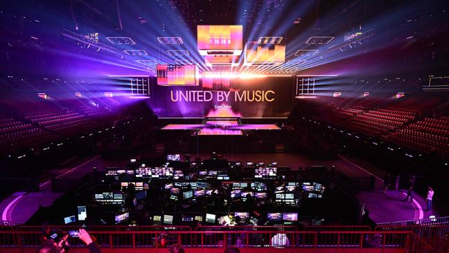 The completed stage to be used at the Eurovision song contest is pictured at the Malmo Arena. Picture: Johan Nilsson/TT News Agency/AFP