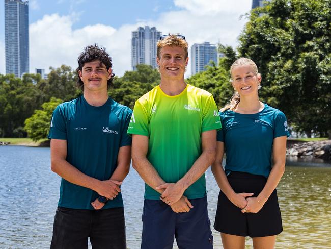 Triathlon Australia will be based on the Gold Coast for seven years. Pictured: Paris Paralympian Jack Howell, two-time Olympian Matt Hauser and rising star Tara Sosinski on the Gold Coast for the announcement of the partnership. Picture: Bec Ohlwein