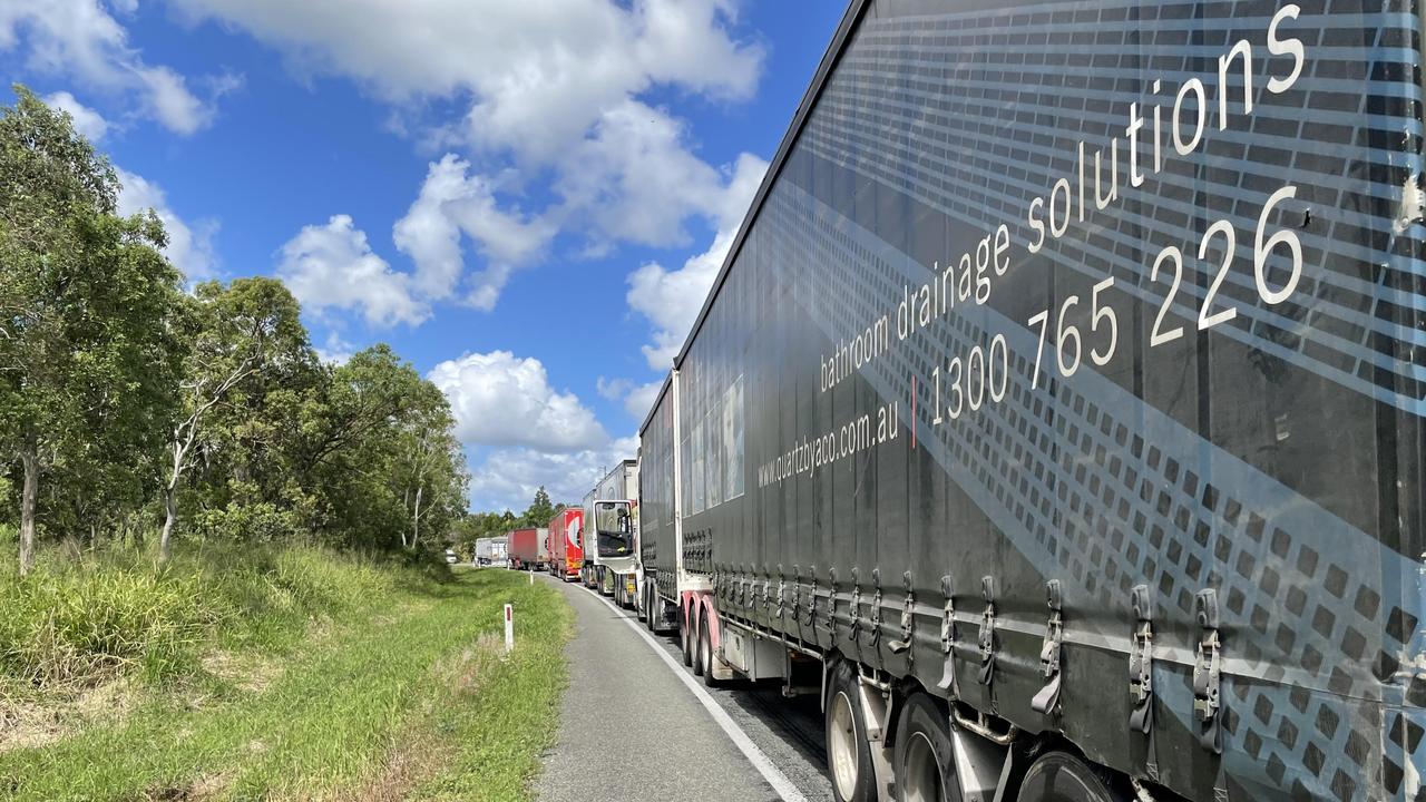 A man has died in a collision involving a car and a motorbike on at Koumala. Trucks and other traffic are banked up on the Bruce Highway amid delays. Picture: Janessa Ekert