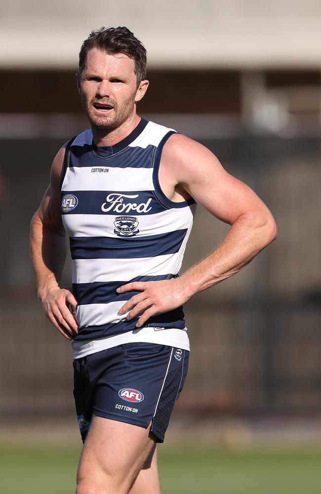 Dangerfield featured through the midfield for Geelong. Picture: Kelly Defina