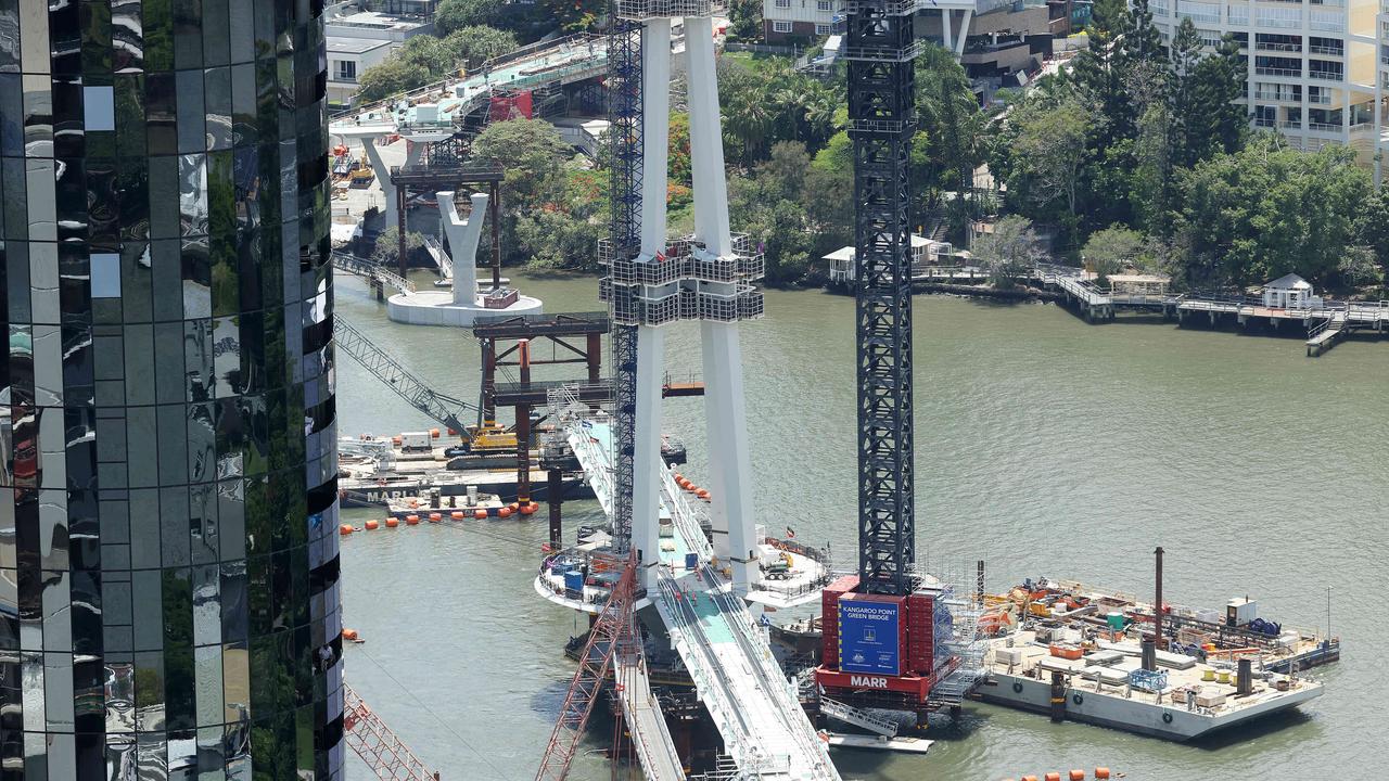 Construction of the Kangaroo Point Green Bridge. Picture: Liam Kidston