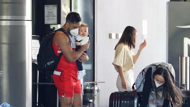 Jordan Pereira was also reunited with his young family in Brisbane. Picture: Liam Kidston