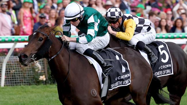 MELBOURNE, AUSTRALIA - NOVEMBER 07: Damian Lane rides #1 Treasurethe Moment to win race 8, the Crown Oaks during Oaks Day at Flemington Racecourse on November 07, 2024 in Melbourne, Australia. (Photo by Josh Chadwick/Getty Images)