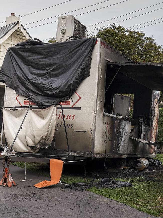 A food van was destroyed by fire in Mile End last week. Police believe it is linked to a deliberate fire at a gym the next day at Marleston and shots fired at a home on Monday night. Picture: AAP / Mike Burton