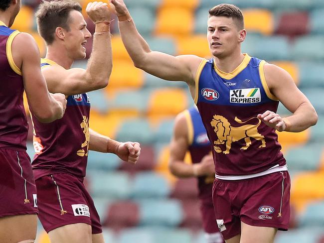 BRISBANE, AUSTRALIA - JUNE 13: Dayne Zorko of the Lions celebrates a goal during the round 2 AFL match between the Brisbane Lions and the Fremantle Dockers at The Gabba on June 13, 2020 in Brisbane, Australia. (Photo by Jono Searle/AFL Photos/Getty Images)