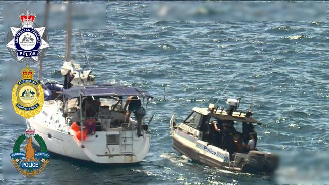 Authorities arrest fugitive Hussein Chamas and two other people aboard a yacht in the Arafura Sea, off the NT coast, on January 26, 2025. Picture: AFP