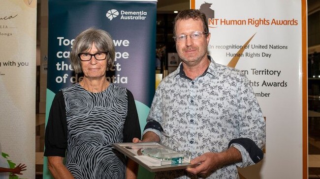 No New Pokies in Mparntwe campaigner Jonathan Pilbrow accepted the Fitzgerald Social Change Award at the 2023 NT Human Rights Awards.