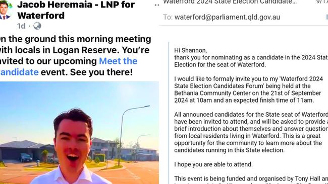 Logan City councillor Jacob Heremaia posted that he was in Logan Reserve, a suburb of the Waterford electorate at the time of the forum, left, and, an excerpt of an invitation to sitting MP Shannon Fentiman, sent on September 17.