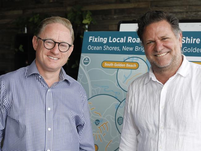 Nationals MLC Ben Franklin and outgoing Byron mayor Simon Richardson at Ocean Shores Country Club on Friday, April 30, 2021. Picture: Liana Boss