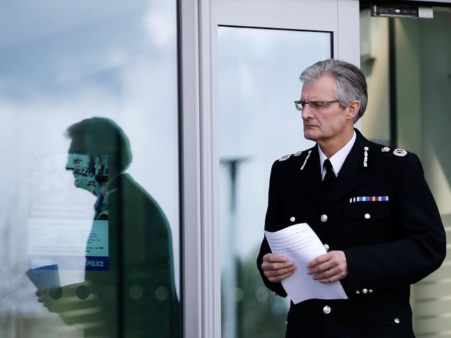 Shadows of the past. South Yorkshire Police Chief Constable David Crompton makes a statement to the media outside the Force's headquarters after the verdict. Picture: Matthew Lloyd/Getty Images