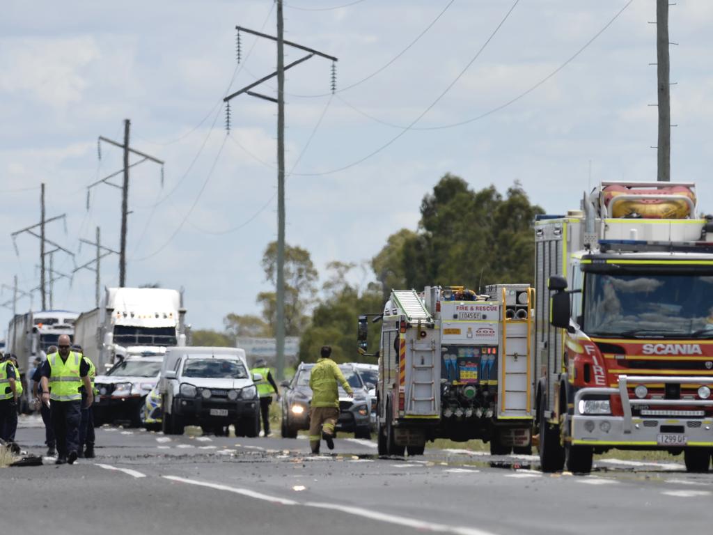 A man aged in his 70s has died after a car and truck collided on the Warrego Highway at Bowenville. Picture: Kevin Farmer