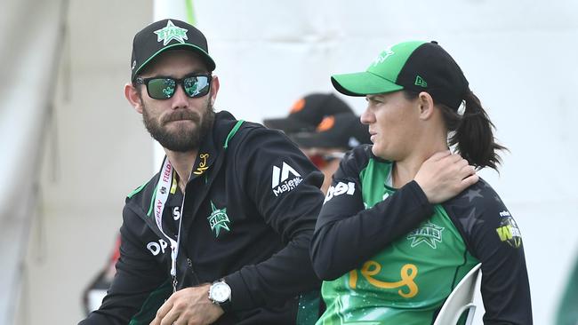 Glenn Maxwell with Erin Osborne during a WBBL match. Picture: Getty