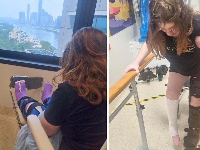 Alex Hanney, 18, pictured in hospital where she has spent the past 22 days recovering from complications following major leg surgery.