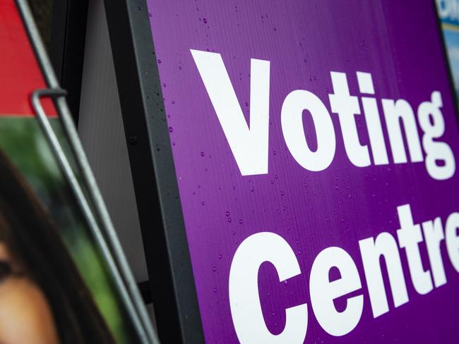 An AEC voting centre sign is seen outside a Groom pre-poll booth, Monday, May 9, 2022. Picture: Kevin Farmer