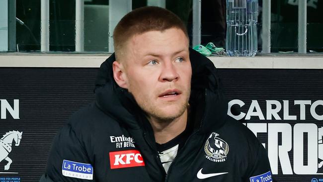 A hamstring tendon injury ended Jordan De Goey’s season after the Collingwood star battled a groin issue throughout 2024. Picture: Dylan Burns / Getty Images