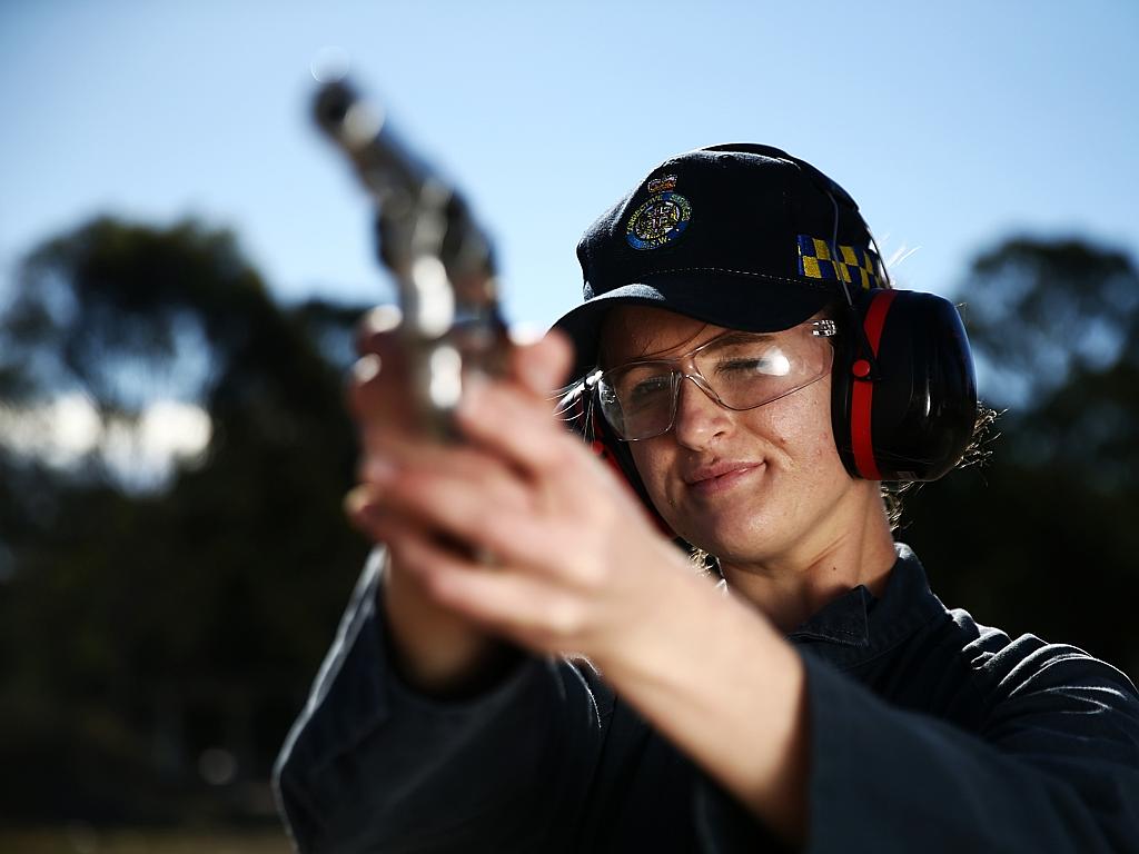 Correctional officer trainee Aynslie Farrell doing live fire shooting training in Windsor. Picture: Tim Hunter