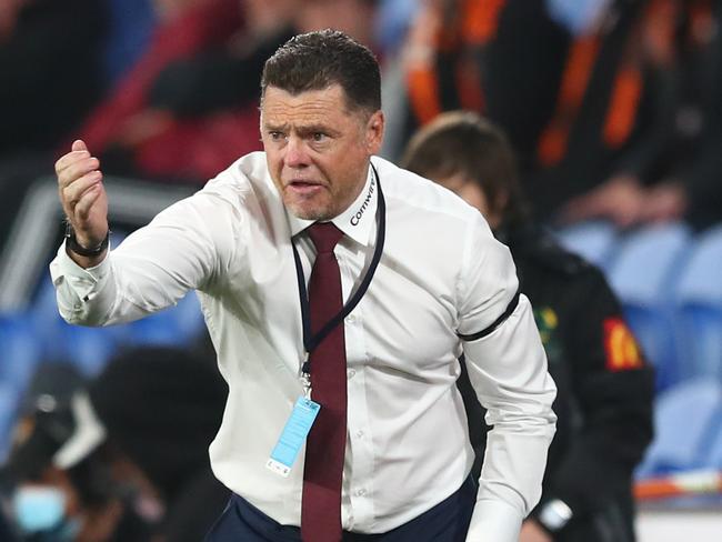 GOLD COAST, AUSTRALIA - JULY 19: United coach Carl Veart during the round 29 A-League match between the Brisbane Roar and Adelaide United at Cbus Super Stadium on July 19, 2020 in Gold Coast, Australia. (Photo by Chris Hyde/Getty Images)