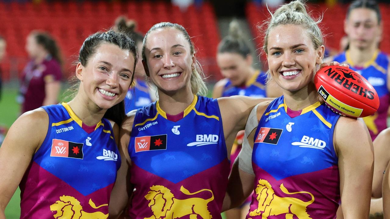 Jade Ellenger, Natalie Grider and Orla O'Dwyer after the Brisbane Lions took care of Collingwood.