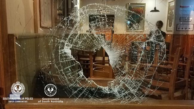 The damage to the Pancake Kitchen window. Picture: SA Police