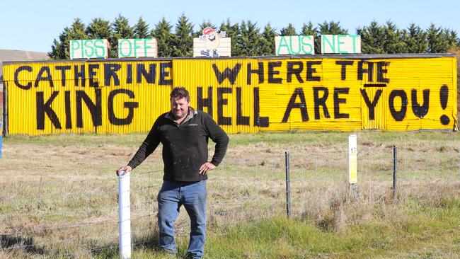 Local farmer Will Elsworth protests against the powerline. Picture: Alex Coppel