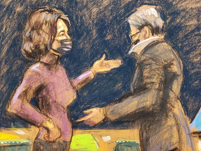 A courtroom sketch shows Ghislaine Maxwell and her lawyer Bobbi Sternheim engaging in a robust discussion. Picture: Reuters