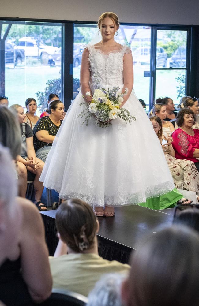 Karine Sharpley models a gown from A Touch of Romance at Toowoomba's Wedding Expo hosted by Highfields Cultural Centre, Sunday, January 21, 2024. Picture: Kevin Farmer