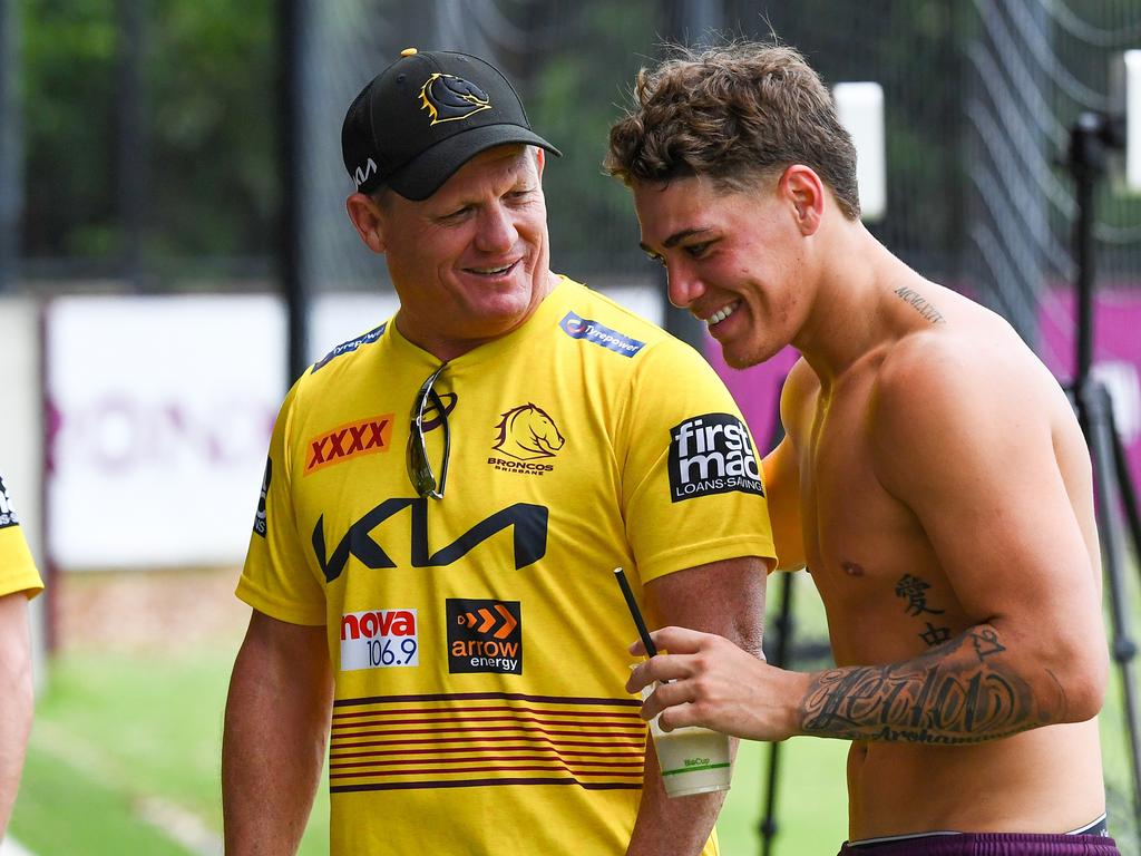 Broncos coach Kevin Walters with Reece Walsh. Picture: AAP Image/Jono Searle