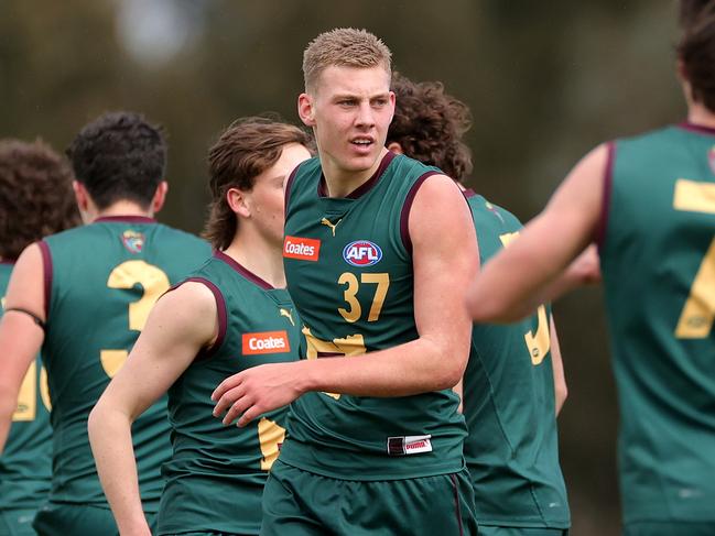 MELBOURNE, AUSTRALIA - SEPTEMBER 09: Arie Schoenmaker of the Tassie Devils celebrates during the Coates Talent League  Boys Quarter Final match between Tasmania Devils and Gippsland Power at Highgate Reserve on September 09, 2023 in Melbourne, Australia. (Photo by Kelly Defina/AFL Photos/via Getty Images )